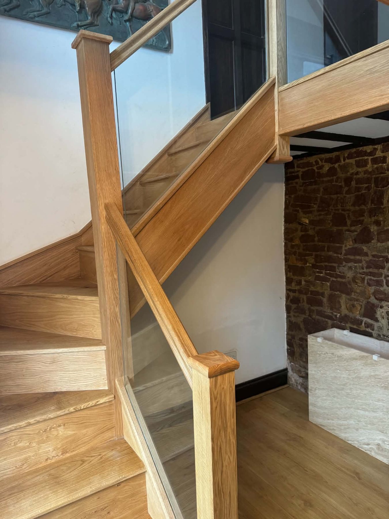 Glass and oak staircase cladding, overhead view